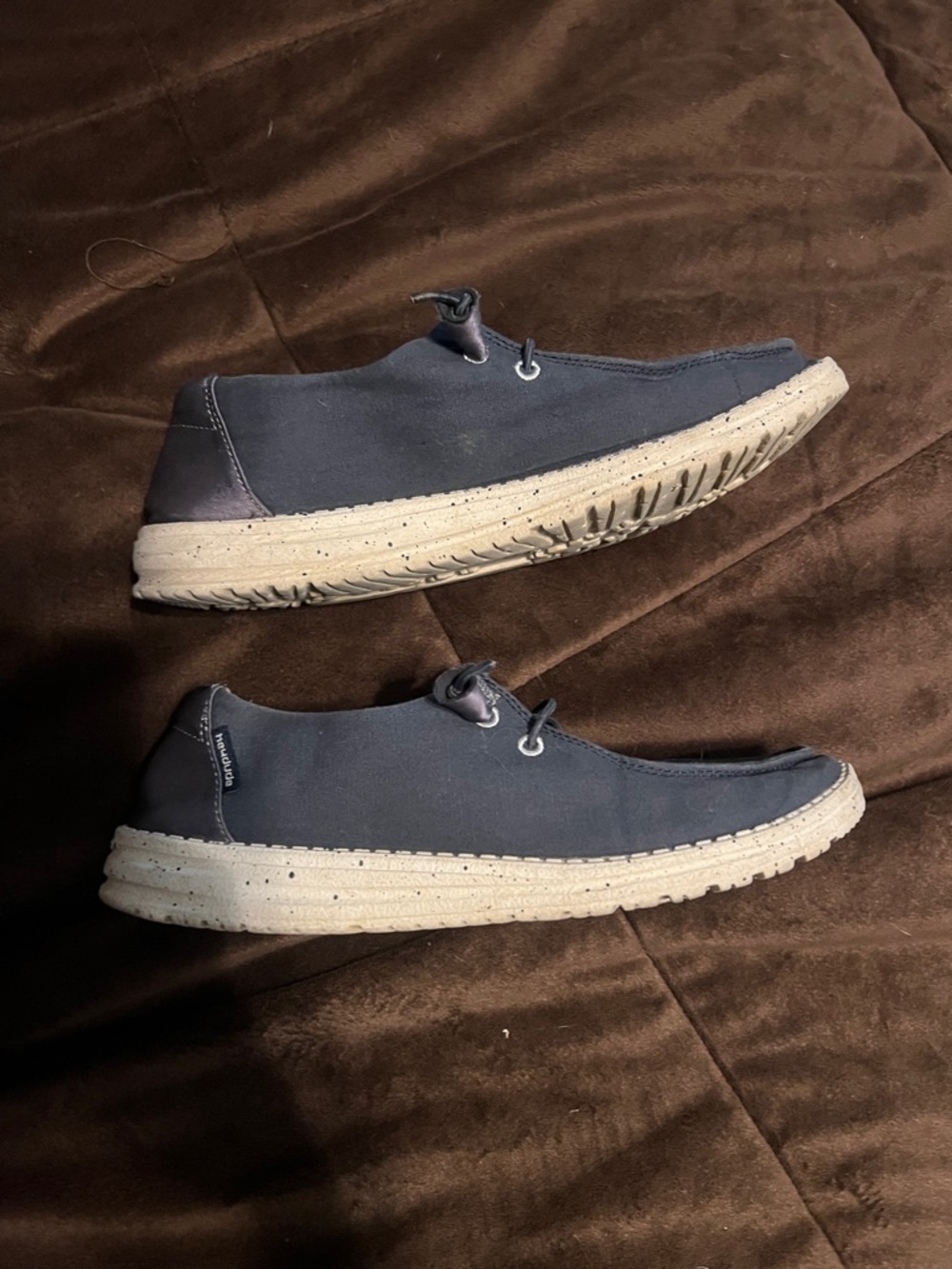 Hey Dude Navy Canvas Slip-On Mules with Speckled White Sole